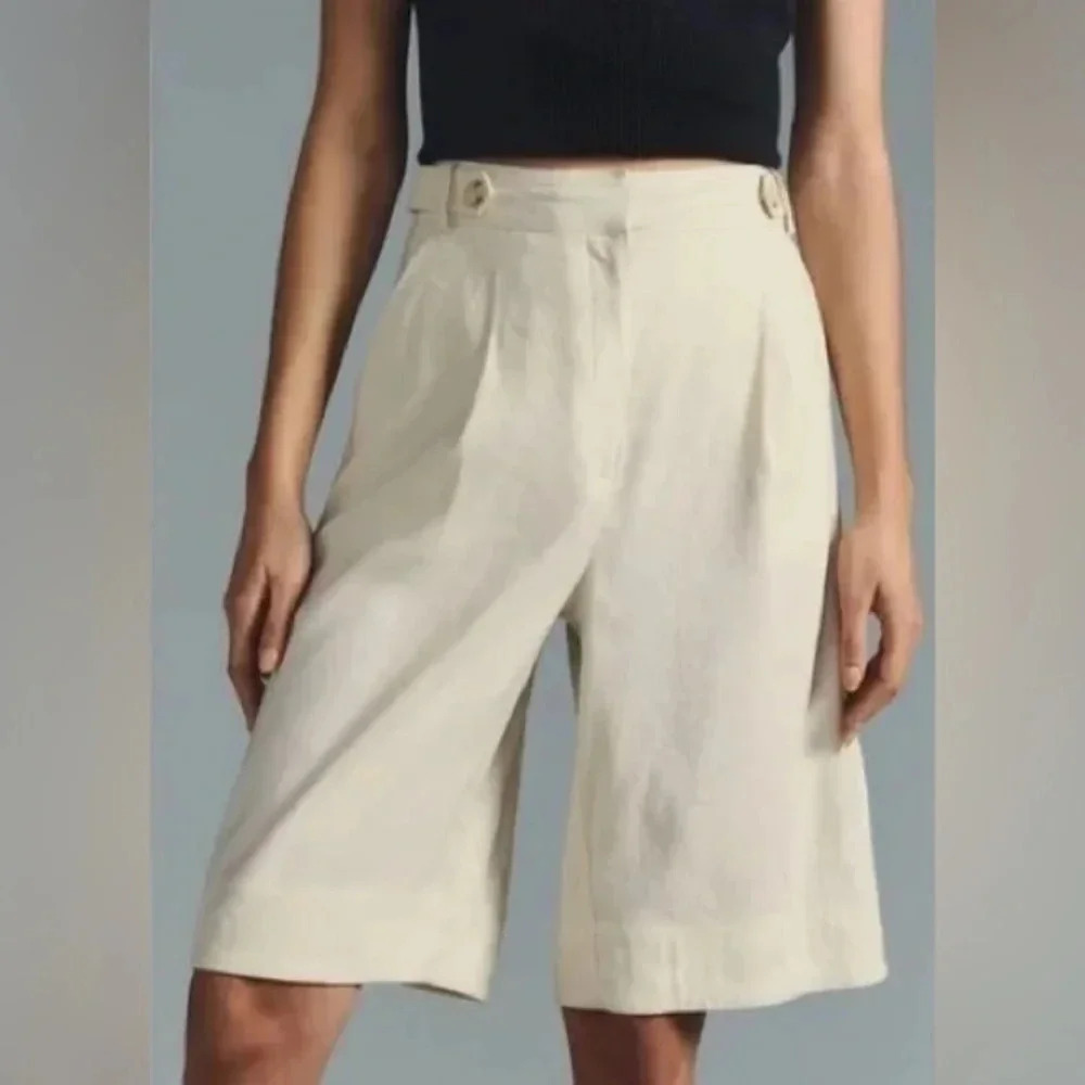 Meave By Anthropologie Long Lined Linen Blend Ivory Shorts Size 8